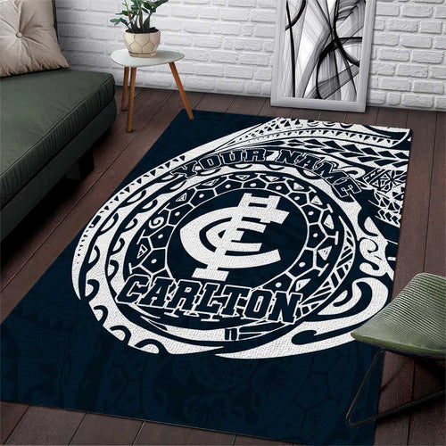 Personalized Carlton Blues Polynesian Area Rug Tribal Chest and Sleeve Tattoo Heritage Warrior