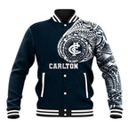 Personalized Carlton Blues Polynesian Baseball Jacket Tribal Chest and Sleeve Tattoo Heritage Warrior