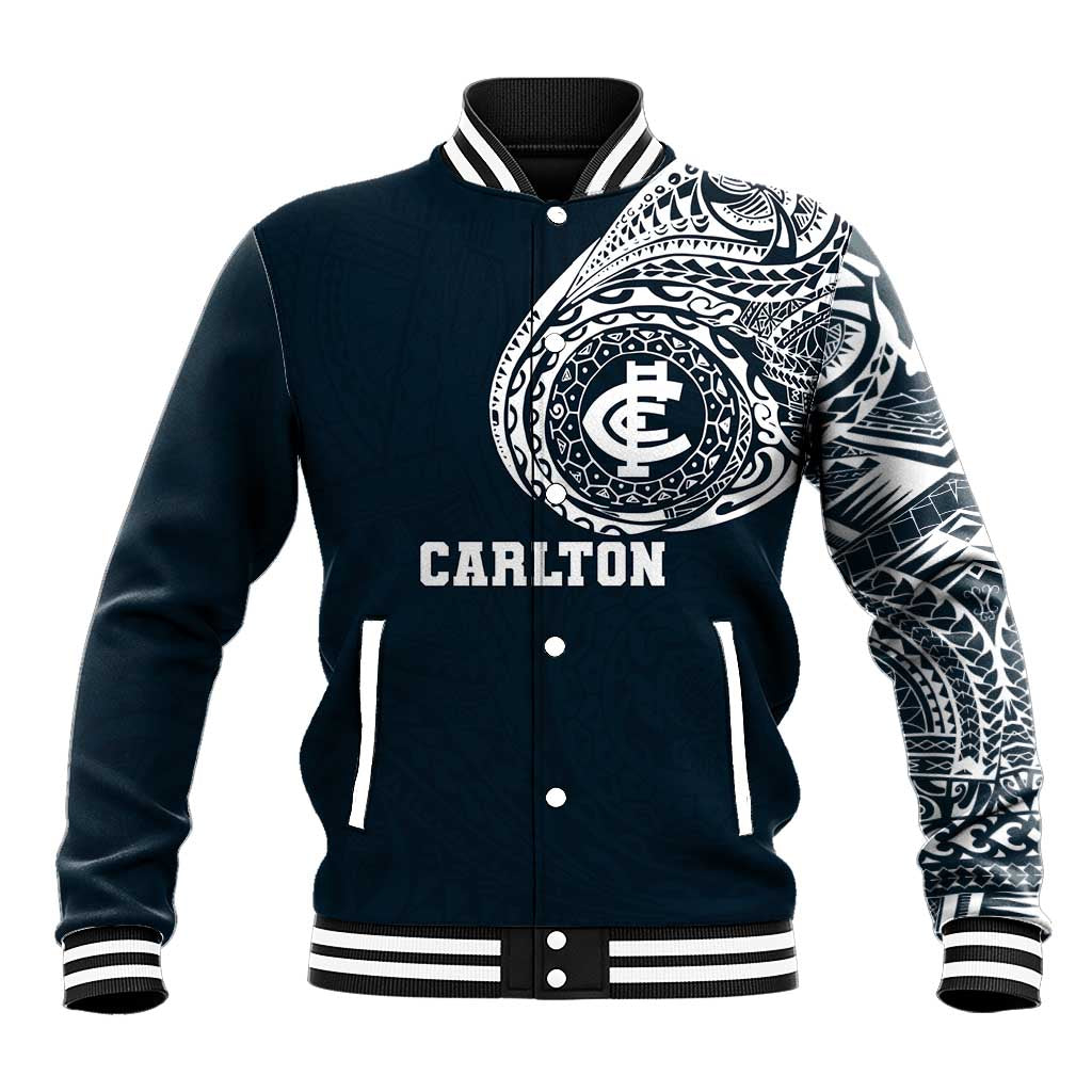 Personalized Carlton Blues Polynesian Baseball Jacket Tribal Chest and Sleeve Tattoo Heritage Warrior