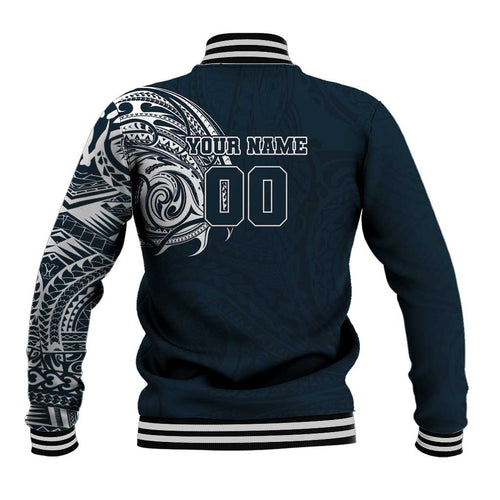 Personalized Carlton Blues Polynesian Baseball Jacket Tribal Chest and Sleeve Tattoo Heritage Warrior
