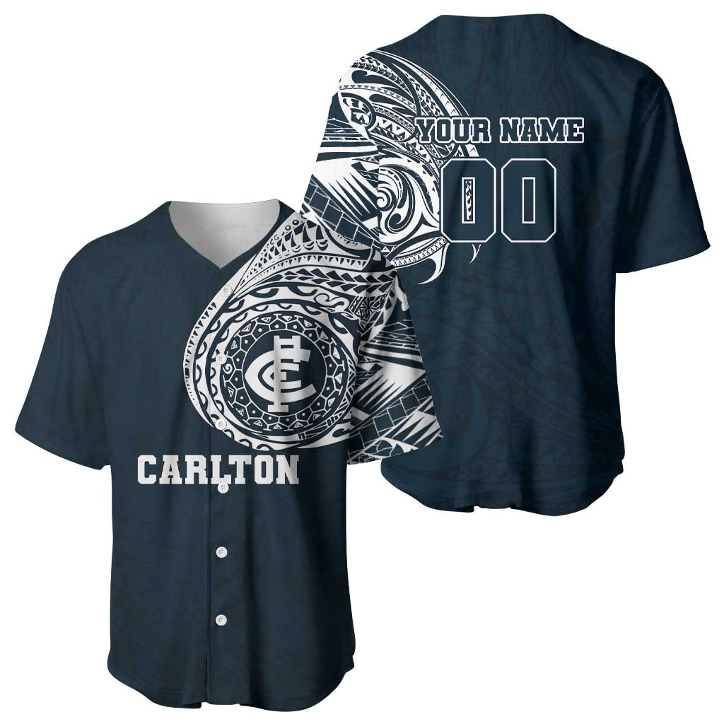 Personalized Carlton Blues Polynesian Baseball Jersey Tribal Chest and Sleeve Tattoo Heritage Warrior