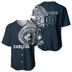 Personalized Carlton Blues Polynesian Baseball Jersey Tribal Chest and Sleeve Tattoo Heritage Warrior