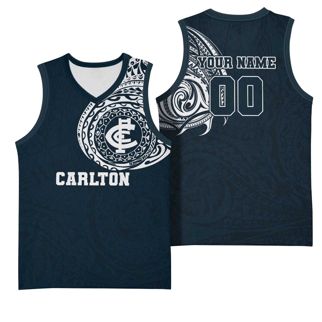 Personalized Carlton Blues Polynesian Basketball Jersey Tribal Chest and Sleeve Tattoo Heritage Warrior
