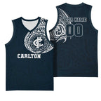 Personalized Carlton Blues Polynesian Basketball Jersey Tribal Chest and Sleeve Tattoo Heritage Warrior