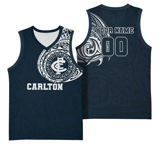 Personalized Carlton Blues Polynesian Basketball Jersey Tribal Chest and Sleeve Tattoo Heritage Warrior