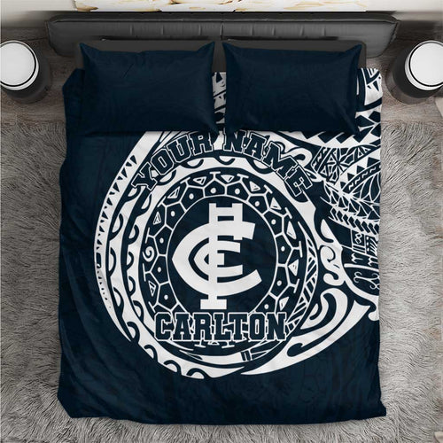 Personalized Carlton Blues Polynesian Bedding Set Tribal Chest and Sleeve Tattoo Heritage Warrior