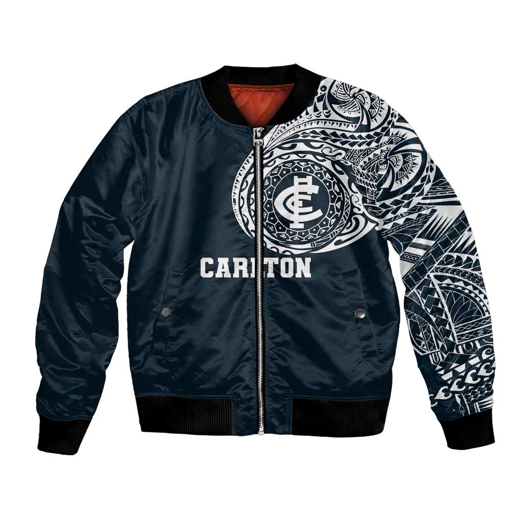 Personalized Carlton Blues Polynesian Bomber Jacket Tribal Chest and Sleeve Tattoo Heritage Warrior