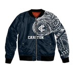Personalized Carlton Blues Polynesian Bomber Jacket Tribal Chest and Sleeve Tattoo Heritage Warrior