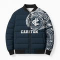 Personalized Carlton Blues Polynesian Bomber Puffer Jacket Tribal Chest and Sleeve Tattoo Heritage Warrior