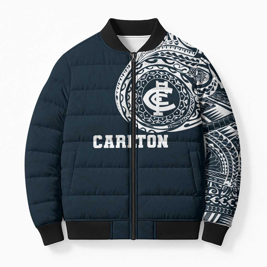 Personalized Carlton Blues Polynesian Bomber Puffer Jacket Tribal Chest and Sleeve Tattoo Heritage Warrior