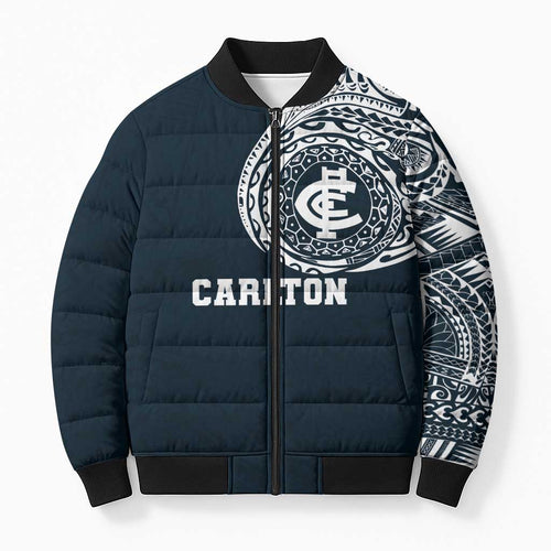 Personalized Carlton Blues Polynesian Bomber Puffer Jacket Tribal Chest and Sleeve Tattoo Heritage Warrior