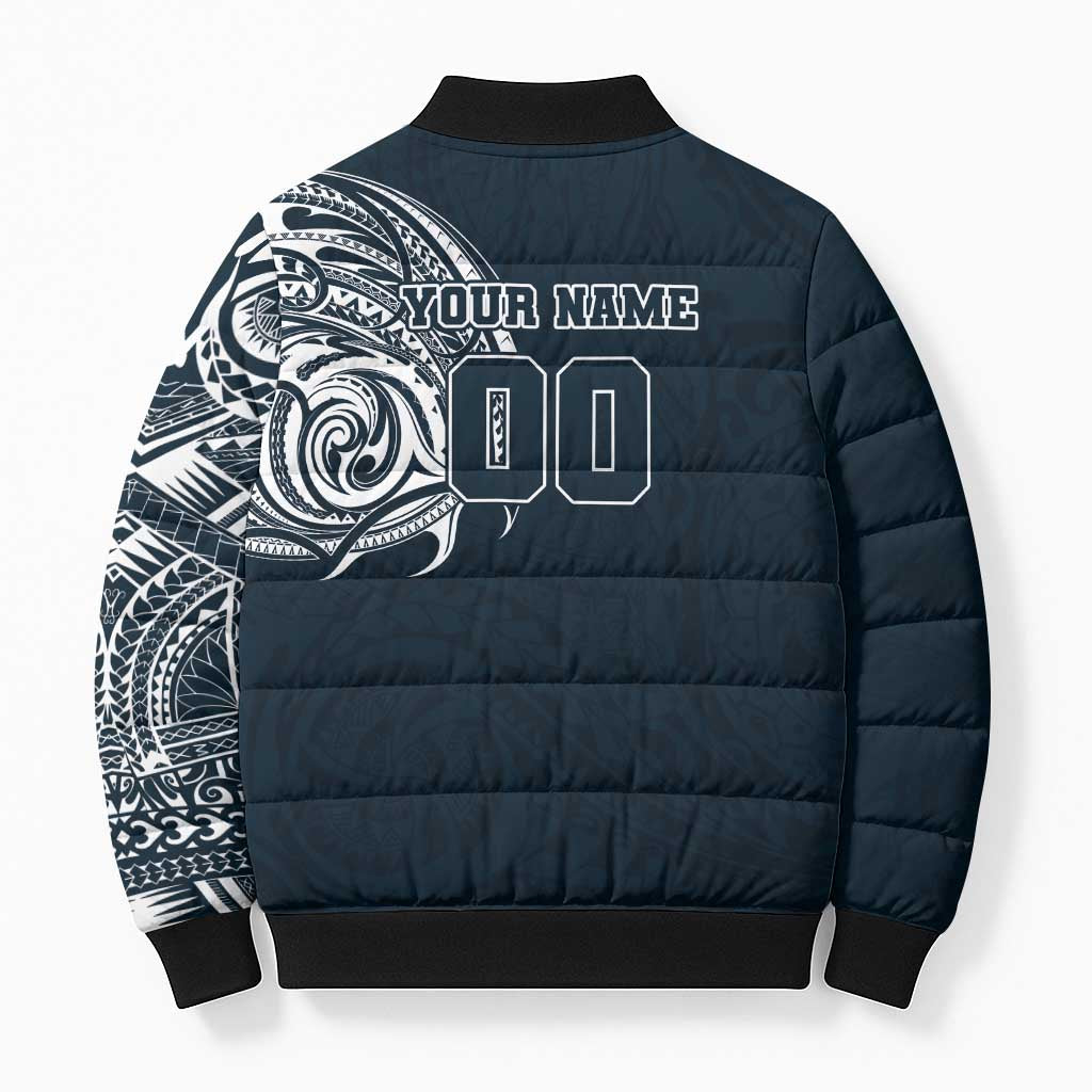 Personalized Carlton Blues Polynesian Bomber Puffer Jacket Tribal Chest and Sleeve Tattoo Heritage Warrior