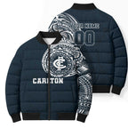 Personalized Carlton Blues Polynesian Bomber Puffer Jacket Tribal Chest and Sleeve Tattoo Heritage Warrior
