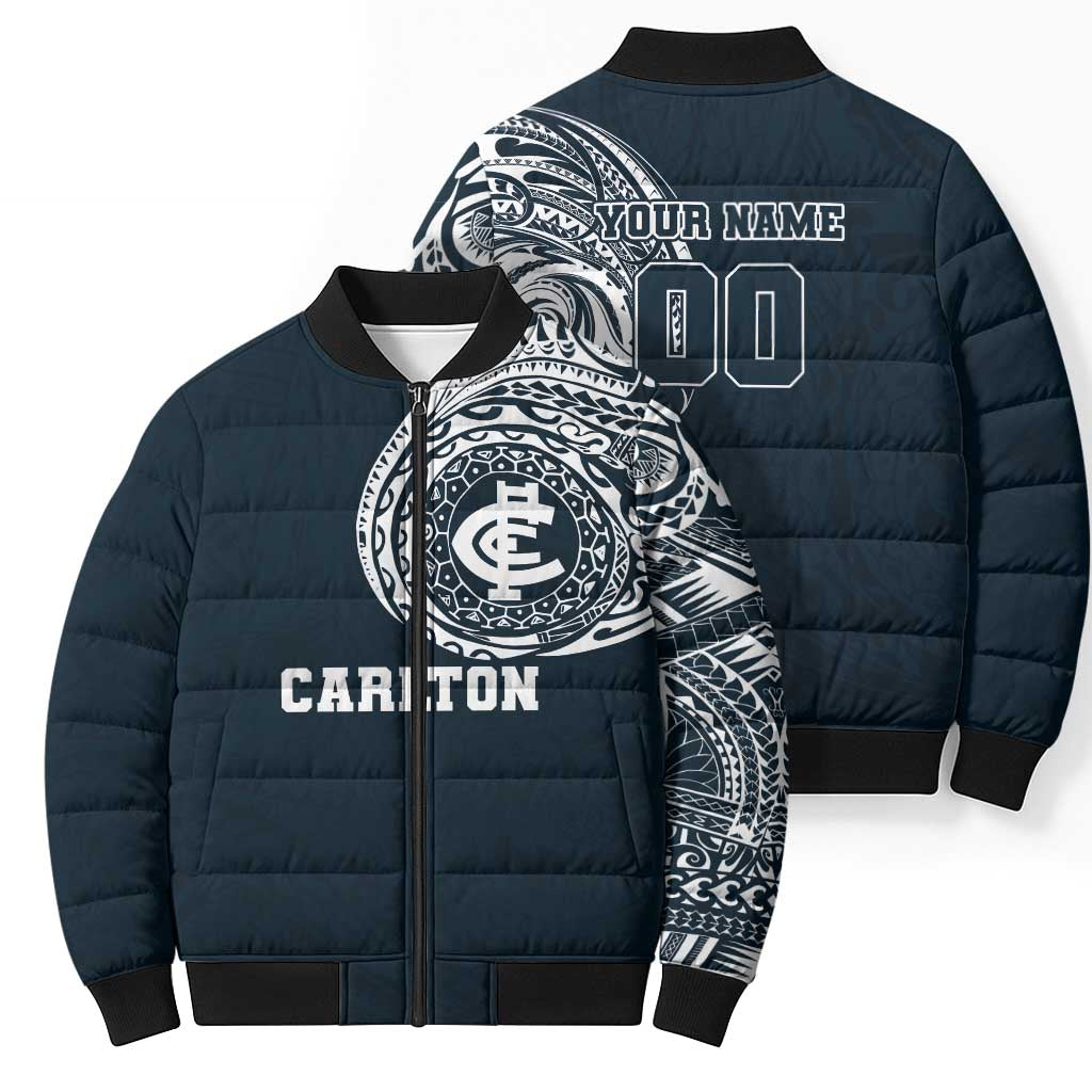 Personalized Carlton Blues Polynesian Bomber Puffer Jacket Tribal Chest and Sleeve Tattoo Heritage Warrior