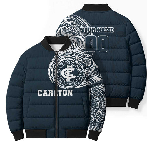 Personalized Carlton Blues Polynesian Bomber Puffer Jacket Tribal Chest and Sleeve Tattoo Heritage Warrior