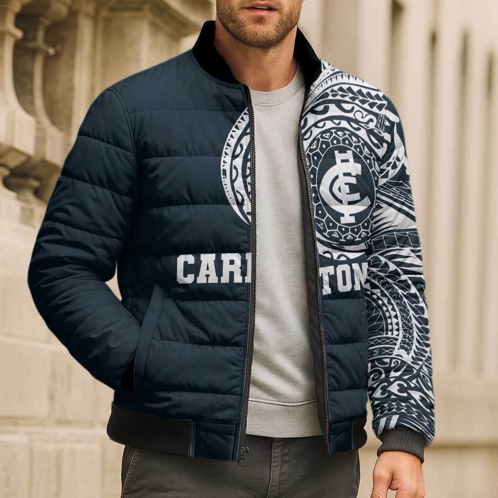 Personalized Carlton Blues Polynesian Bomber Puffer Jacket Tribal Chest and Sleeve Tattoo Heritage Warrior