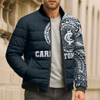 Personalized Carlton Blues Polynesian Bomber Puffer Jacket Tribal Chest and Sleeve Tattoo Heritage Warrior