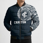 Personalized Carlton Blues Polynesian Bomber Puffer Jacket Tribal Chest and Sleeve Tattoo Heritage Warrior