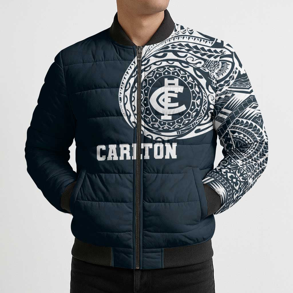 Personalized Carlton Blues Polynesian Bomber Puffer Jacket Tribal Chest and Sleeve Tattoo Heritage Warrior