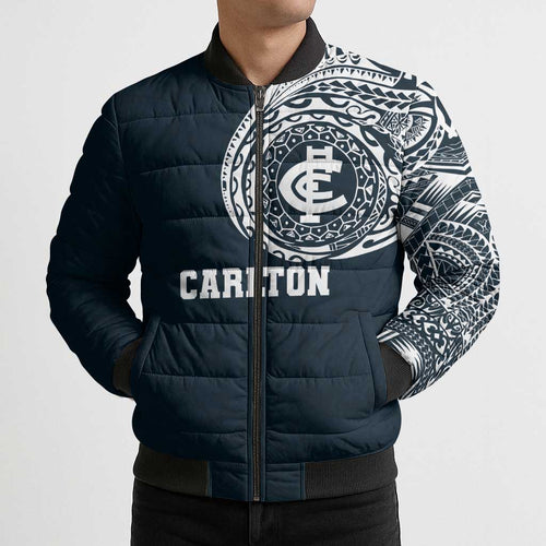 Personalized Carlton Blues Polynesian Bomber Puffer Jacket Tribal Chest and Sleeve Tattoo Heritage Warrior