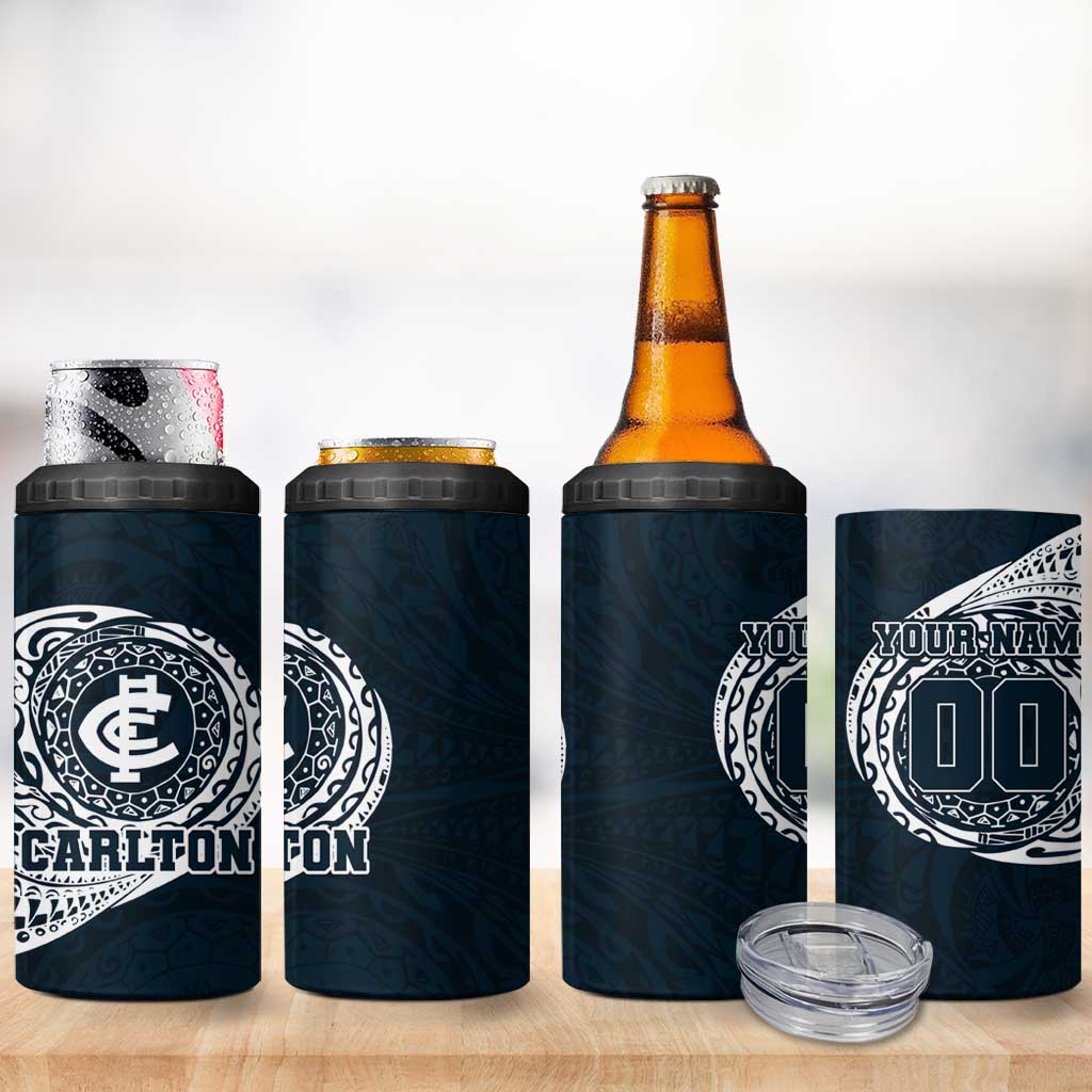 Personalized Carlton Blues Polynesian 4 in 1 Can Cooler Tumbler Tribal Chest and Sleeve Tattoo Heritage Warrior