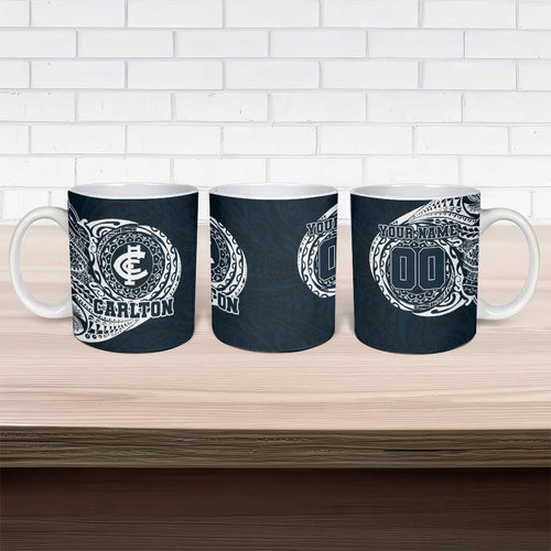 Personalized Carlton Blues Polynesian Ceramic Mug Tribal Chest and Sleeve Tattoo Heritage Warrior