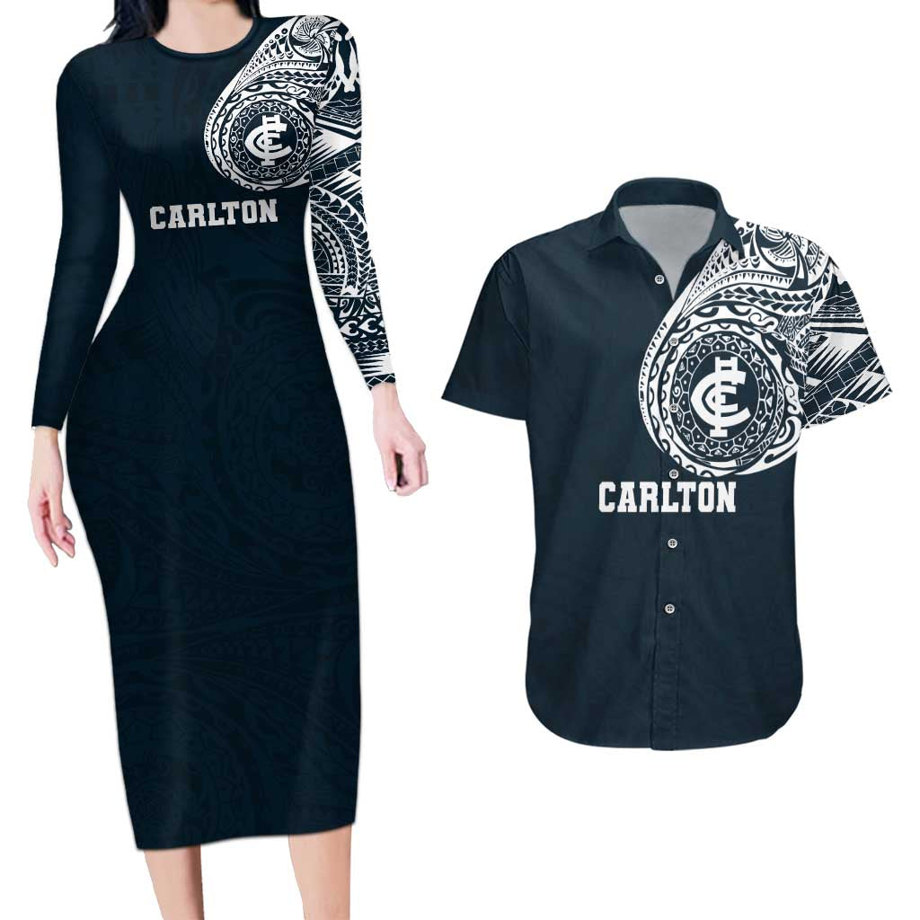 Personalized Carlton Blues Polynesian Couples Matching Long Sleeve Bodycon Dress and Hawaiian Shirt Tribal Chest and Sleeve Tattoo Heritage Warrior