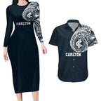 Personalized Carlton Blues Polynesian Couples Matching Long Sleeve Bodycon Dress and Hawaiian Shirt Tribal Chest and Sleeve Tattoo Heritage Warrior