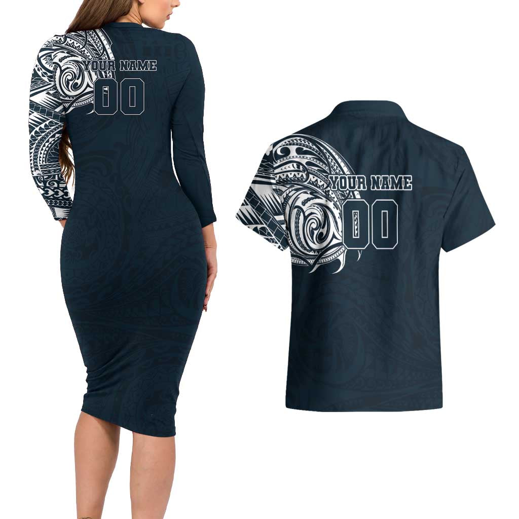 Personalized Carlton Blues Polynesian Couples Matching Long Sleeve Bodycon Dress and Hawaiian Shirt Tribal Chest and Sleeve Tattoo Heritage Warrior