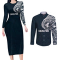 Personalized Carlton Blues Polynesian Couples Matching Long Sleeve Bodycon Dress and Long Sleeve Button Shirt Tribal Chest and Sleeve Tattoo Heritage Warrior