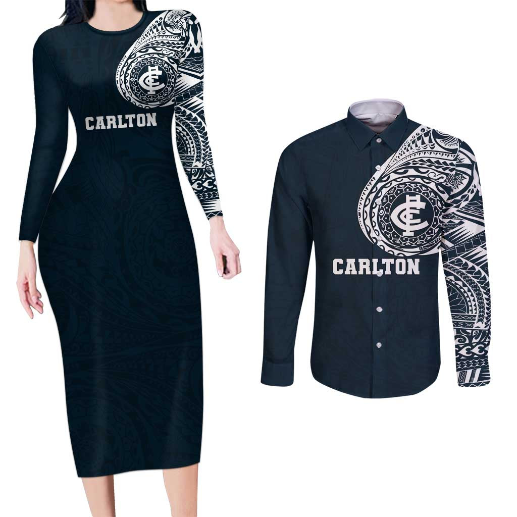 Personalized Carlton Blues Polynesian Couples Matching Long Sleeve Bodycon Dress and Long Sleeve Button Shirt Tribal Chest and Sleeve Tattoo Heritage Warrior