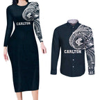 Personalized Carlton Blues Polynesian Couples Matching Long Sleeve Bodycon Dress and Long Sleeve Button Shirt Tribal Chest and Sleeve Tattoo Heritage Warrior