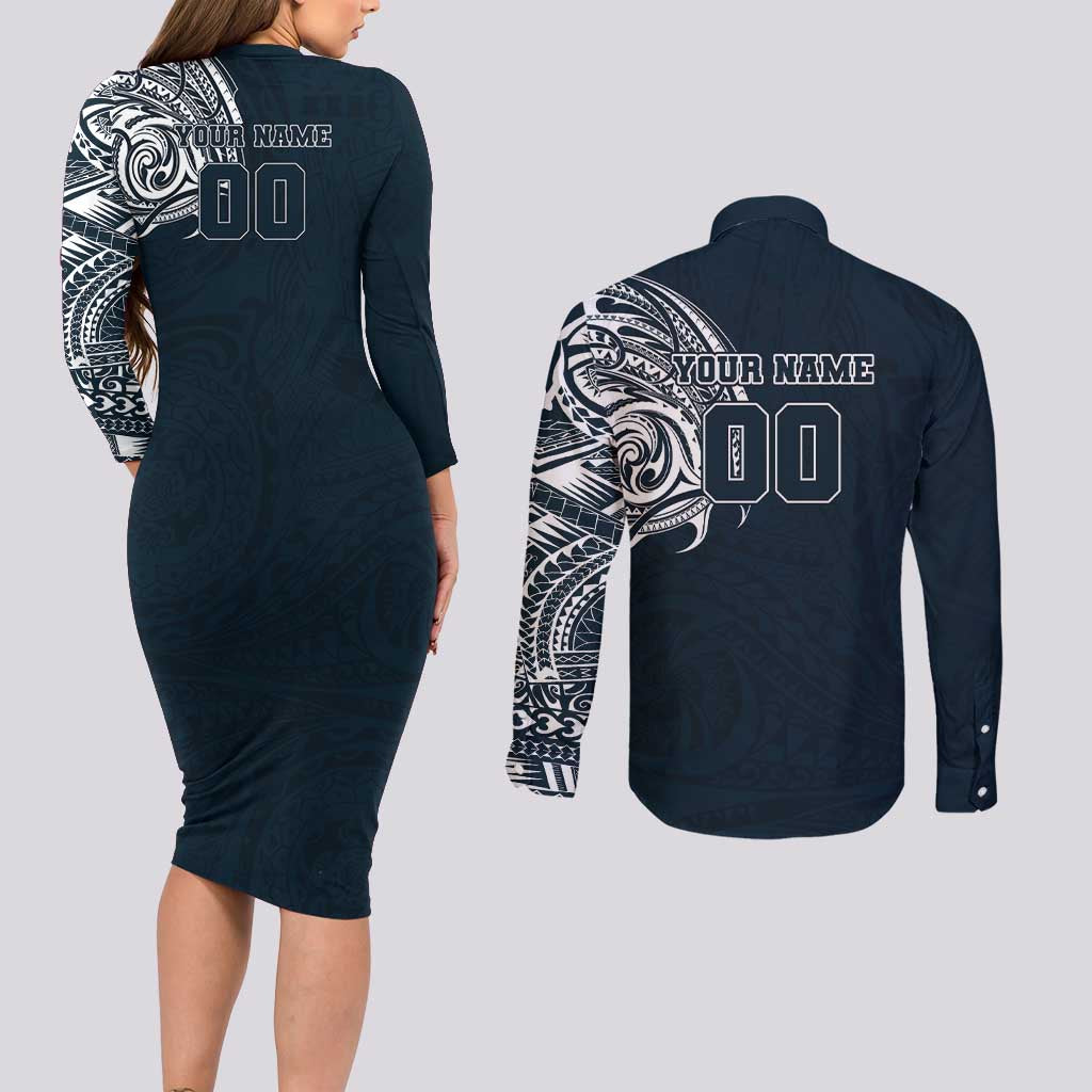 Personalized Carlton Blues Polynesian Couples Matching Long Sleeve Bodycon Dress and Long Sleeve Button Shirt Tribal Chest and Sleeve Tattoo Heritage Warrior