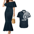 Personalized Carlton Blues Polynesian Couples Matching Mermaid Dress and Hawaiian Shirt Tribal Chest and Sleeve Tattoo Heritage Warrior