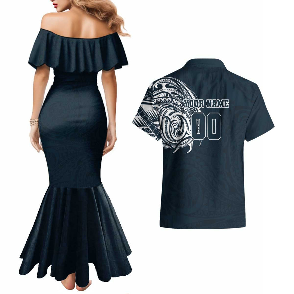 Personalized Carlton Blues Polynesian Couples Matching Mermaid Dress and Hawaiian Shirt Tribal Chest and Sleeve Tattoo Heritage Warrior