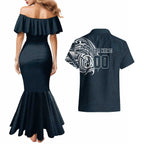 Personalized Carlton Blues Polynesian Couples Matching Mermaid Dress and Hawaiian Shirt Tribal Chest and Sleeve Tattoo Heritage Warrior