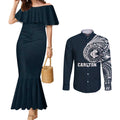 Personalized Carlton Blues Polynesian Couples Matching Mermaid Dress and Long Sleeve Button Shirt Tribal Chest and Sleeve Tattoo Heritage Warrior