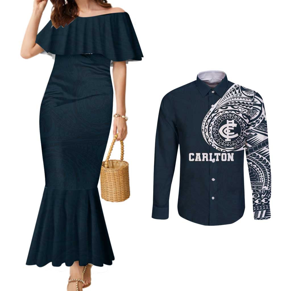 Personalized Carlton Blues Polynesian Couples Matching Mermaid Dress and Long Sleeve Button Shirt Tribal Chest and Sleeve Tattoo Heritage Warrior