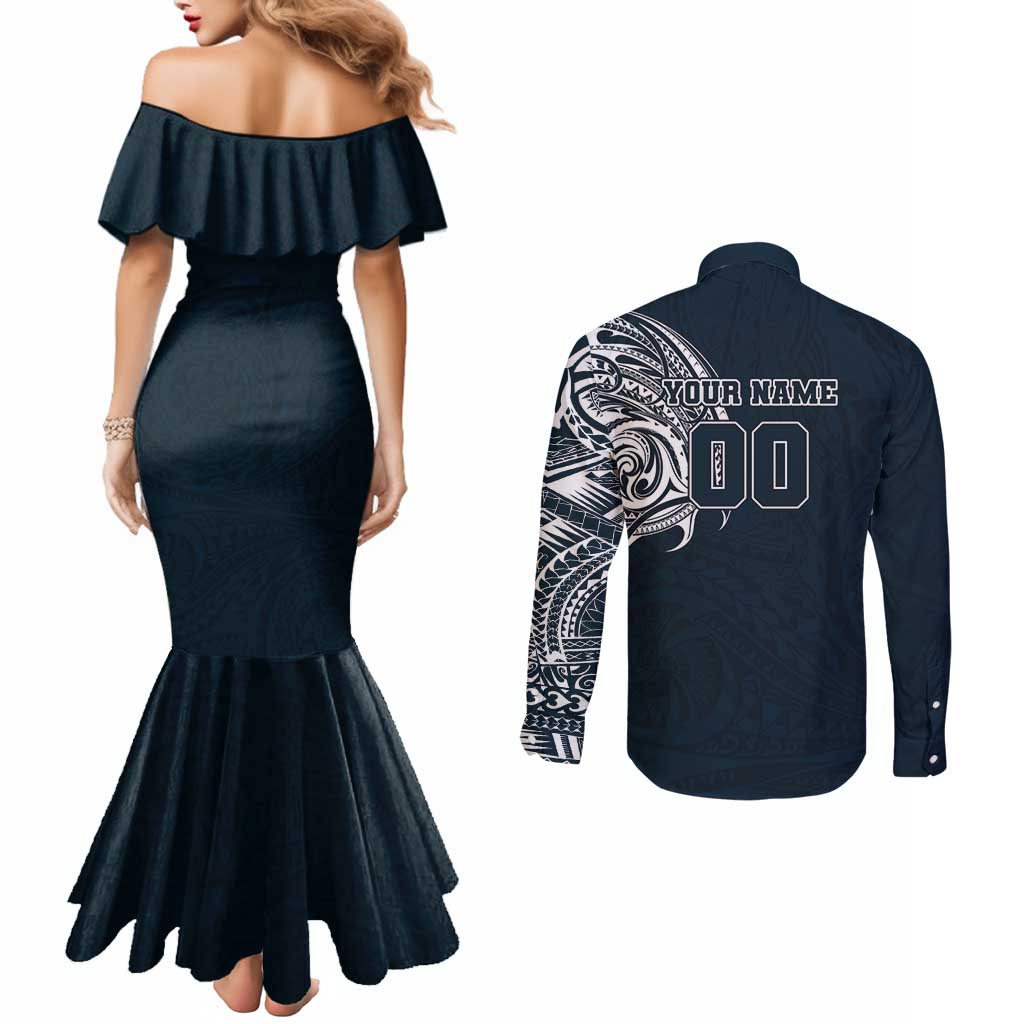 Personalized Carlton Blues Polynesian Couples Matching Mermaid Dress and Long Sleeve Button Shirt Tribal Chest and Sleeve Tattoo Heritage Warrior