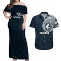 Personalized Carlton Blues Polynesian Couples Matching Off Shoulder Maxi Dress and Hawaiian Shirt Tribal Chest and Sleeve Tattoo Heritage Warrior