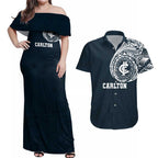 Personalized Carlton Blues Polynesian Couples Matching Off Shoulder Maxi Dress and Hawaiian Shirt Tribal Chest and Sleeve Tattoo Heritage Warrior