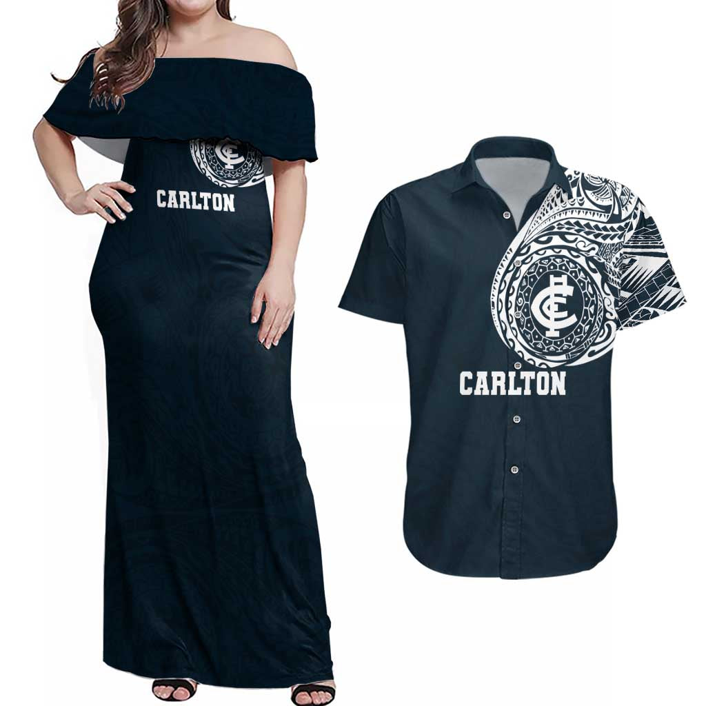 Personalized Carlton Blues Polynesian Couples Matching Off Shoulder Maxi Dress and Hawaiian Shirt Tribal Chest and Sleeve Tattoo Heritage Warrior