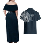 Personalized Carlton Blues Polynesian Couples Matching Off Shoulder Maxi Dress and Hawaiian Shirt Tribal Chest and Sleeve Tattoo Heritage Warrior