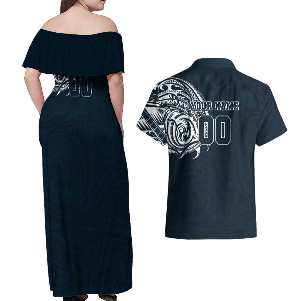 Personalized Carlton Blues Polynesian Couples Matching Off Shoulder Maxi Dress and Hawaiian Shirt Tribal Chest and Sleeve Tattoo Heritage Warrior