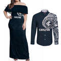 Personalized Carlton Blues Polynesian Couples Matching Off Shoulder Maxi Dress and Long Sleeve Button Shirt Tribal Chest and Sleeve Tattoo Heritage Warrior