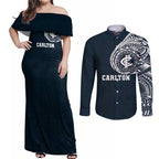 Personalized Carlton Blues Polynesian Couples Matching Off Shoulder Maxi Dress and Long Sleeve Button Shirt Tribal Chest and Sleeve Tattoo Heritage Warrior