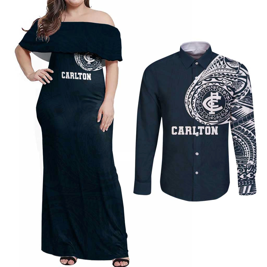 Personalized Carlton Blues Polynesian Couples Matching Off Shoulder Maxi Dress and Long Sleeve Button Shirt Tribal Chest and Sleeve Tattoo Heritage Warrior