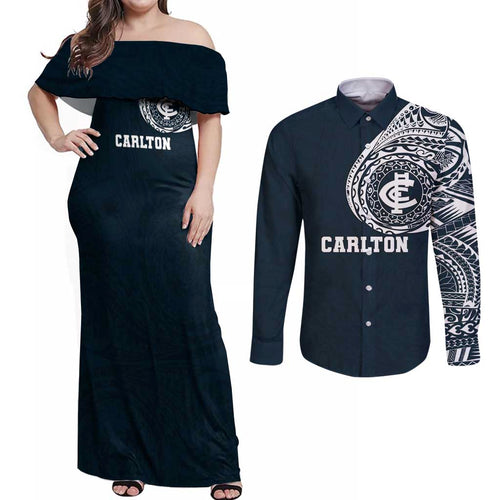 Personalized Carlton Blues Polynesian Couples Matching Off Shoulder Maxi Dress and Long Sleeve Button Shirt Tribal Chest and Sleeve Tattoo Heritage Warrior