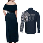 Personalized Carlton Blues Polynesian Couples Matching Off Shoulder Maxi Dress and Long Sleeve Button Shirt Tribal Chest and Sleeve Tattoo Heritage Warrior
