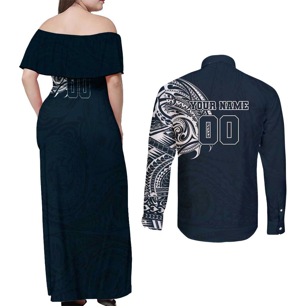 Personalized Carlton Blues Polynesian Couples Matching Off Shoulder Maxi Dress and Long Sleeve Button Shirt Tribal Chest and Sleeve Tattoo Heritage Warrior